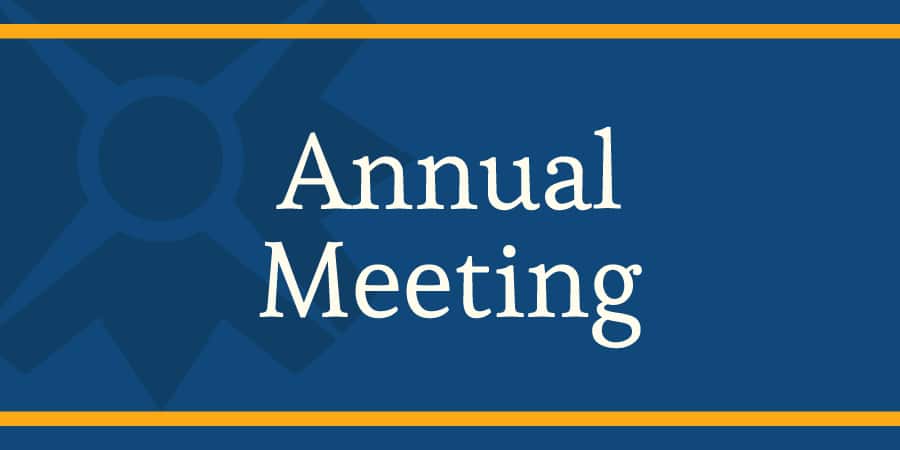 The words Annual Meetin against a blue background.
