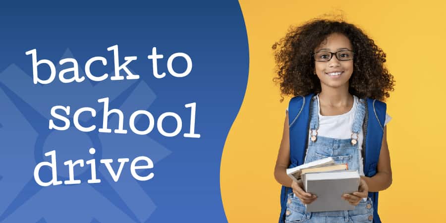 A young female student wearing a backpack and holding books. At the left, the words: back to school drive.