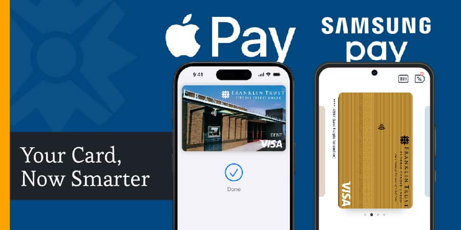 An iPhone and Samsung mobile phone showing a screenshot of the FTFCU credit card. At the left, the words: your card, now smarter.