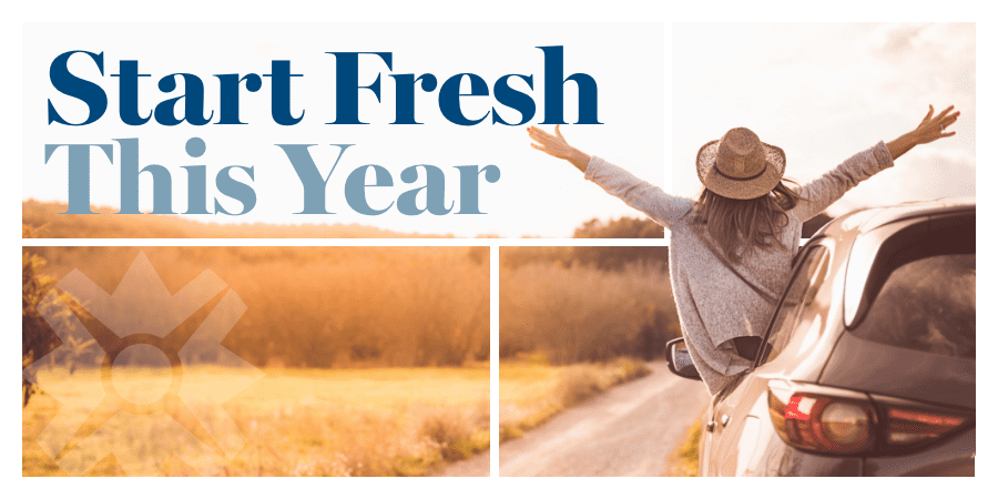 A woman leaning out of a car window with outstretched arms. Wording on the left: start fresh this year.