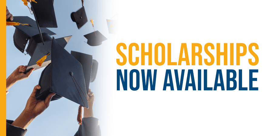 Students throwing graduation caps in the air. Words at the right: scholarships available.