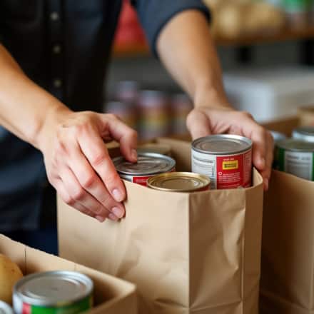 A person packaging non-perishable items into a brown bag.