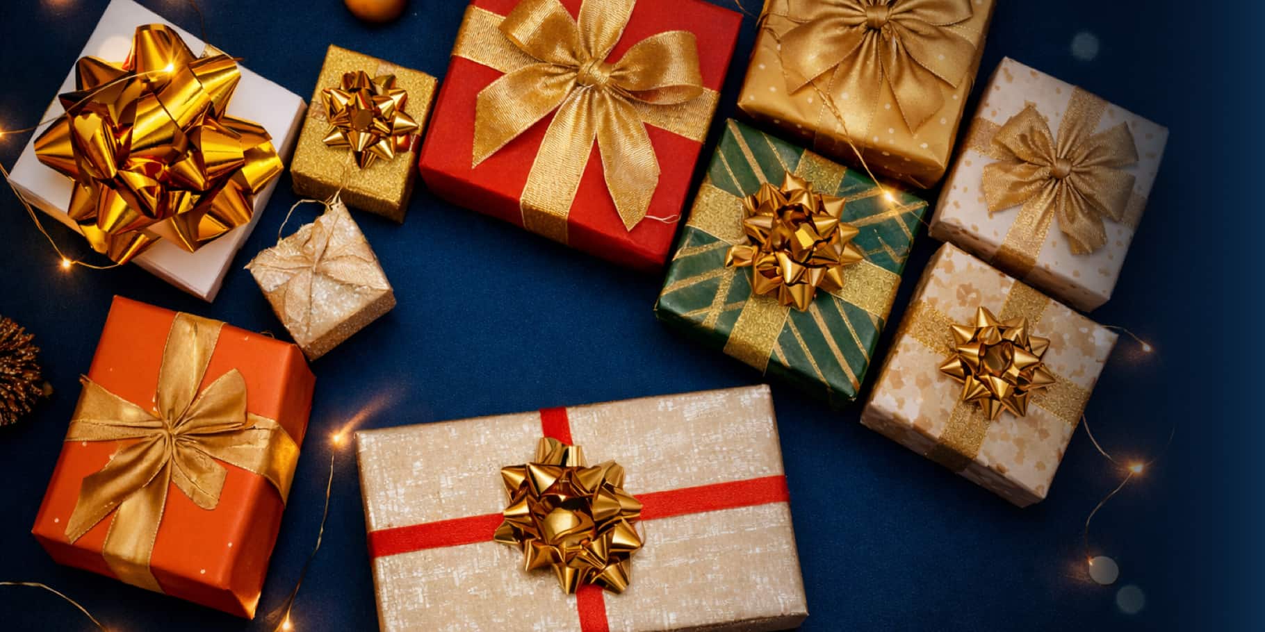 Beautifully wrapped gifts against a navy background.