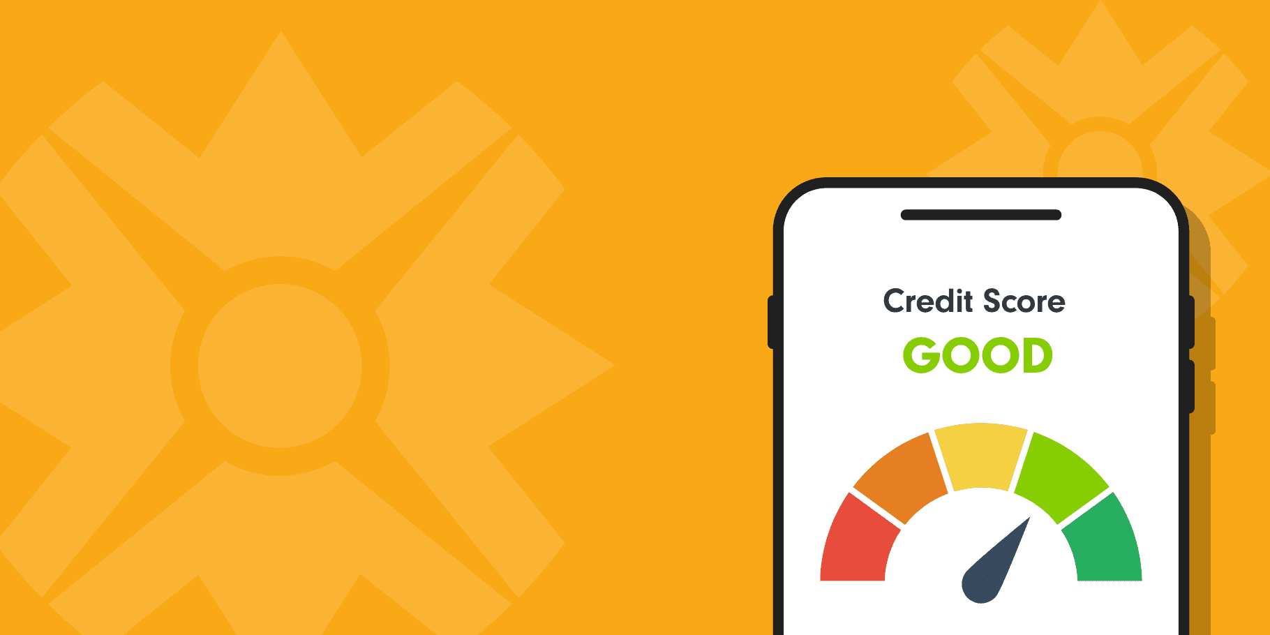 A mobile device showing a good credit score rating against a yellow background.